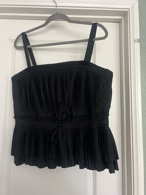 White House Black Market Black Pleated Camisole with Tie Waist